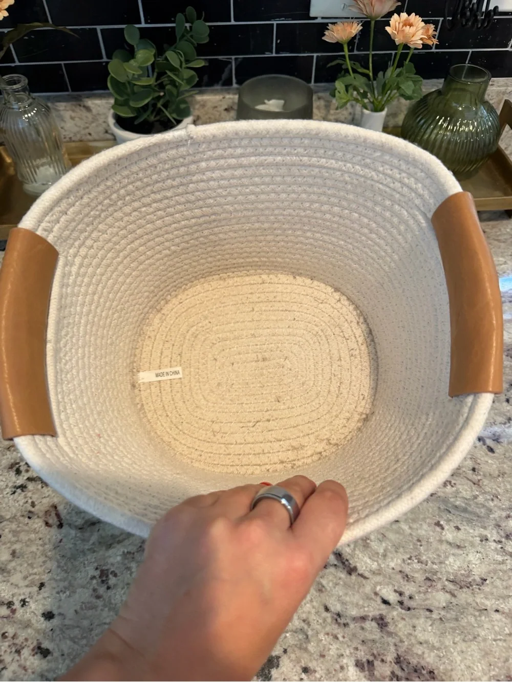 Neutral Woven Rope Storage Basket with Leather Handles - White